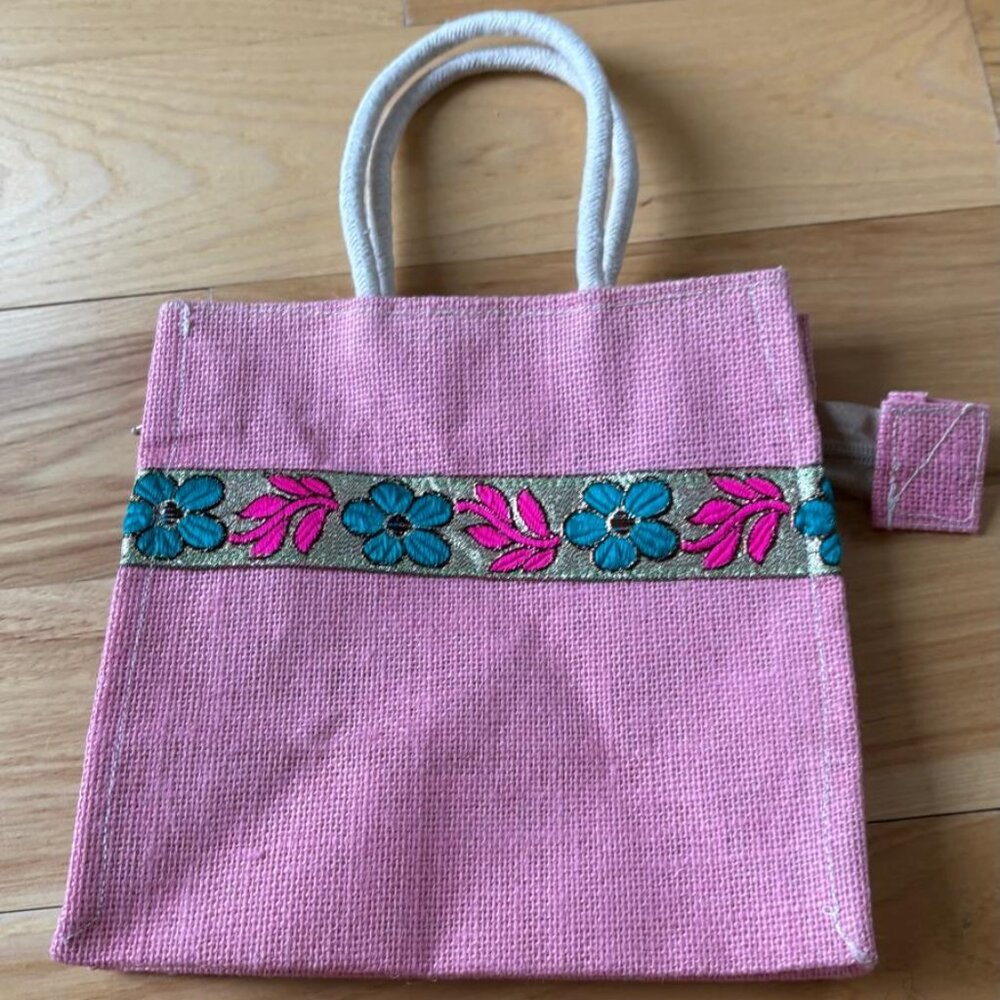 Pink Handmade burlap shoulder bag with patch work